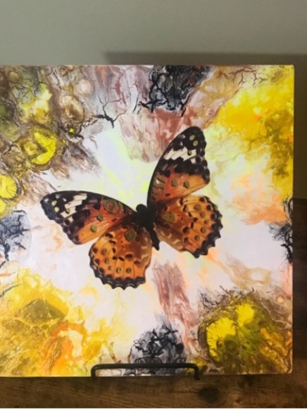 Abstract Fluid Art Pour Painting 8”x8” OOAK Acrylic Painting Added Butterfly